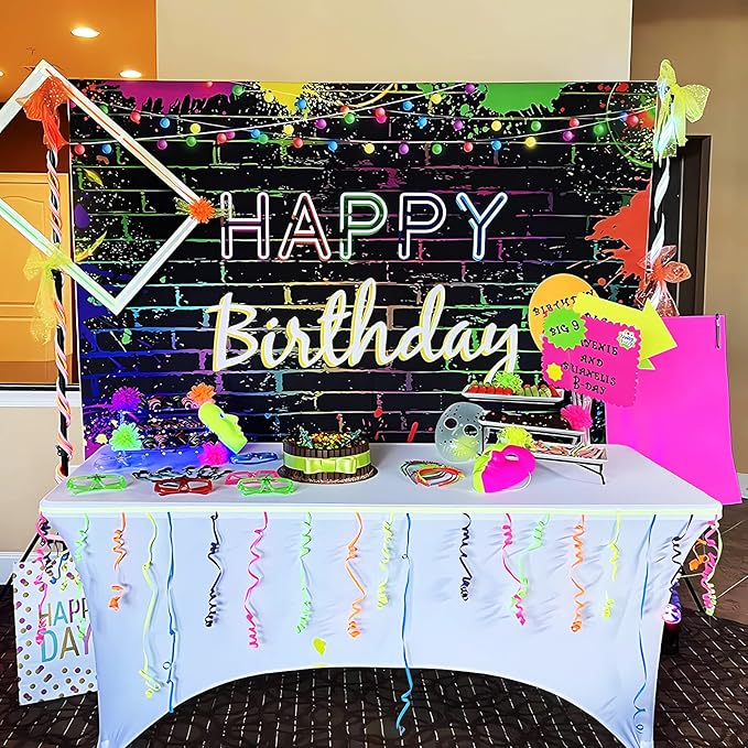 Mocsicka Glow Birthday Backdrop Neon Glow-in-the-Dark Party Banner Decoration Glowing Crazy Rainbow Birthday Photo Backdrop Photo Prop (Glowing design, but not really glowing) (7x5 feet (82x60 inches)