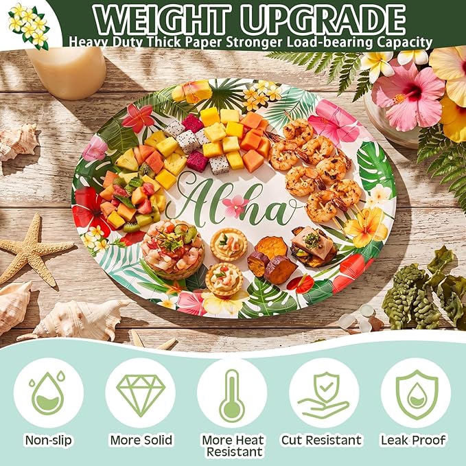 Pajean 350 Pcs Hawaiian Party Decorations 12 in Disposable Oval Tropical Luau Plates and Napkins Palm Leaf Aloha Heavy Duty Paper Tableware Set for 50 Guests Summer Pool and Beach Party Supplies
