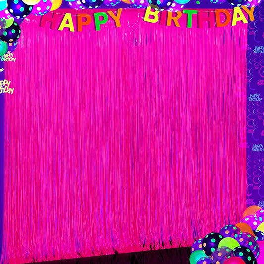 Glow in The Dark Party Supplies 2 Pack Neon Party Decorations Fluorescent Tinsel Foil Fringe Curtains Photo Booth Prop Backdrop Streamer Blacklight Decorations (Neon Hot Pink)