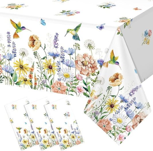 3 Pack Spring Summer Floral Tablecloth Decorations, Wildflower Plastic Disposable Table Cloth, Wild Flower Rectangle Table Cover for Garden Picnic Baby Shower Tea Party Decorations, 54x108 Inch