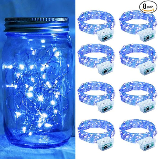8 Pack Blue Fairy Lights 7Ft 20 LED Twinkle String Lights 3 Modes Battery Operated Waterproof Firefly Starry for Mason Jar Wedding Party 4th of July Christmas Day Table Centerpieces