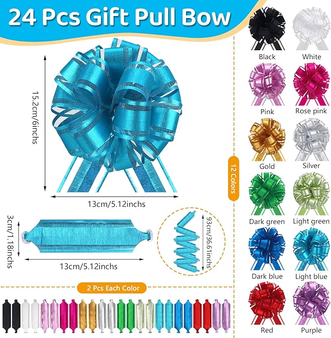 24 pcs Gift Bow Ribbon Pull Bows for Gift Baskets Warpping Christmas Party Bright Mix Colors Organza Warp Bows Boxes Flower Decorations Valentine's Day (24Pcs-Mix Colors-G)