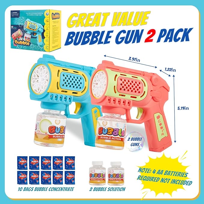 Toys for 3+ Year Old Boys Girls: 2 Pack Bubble Gun Machine with Bubble Solution, Kids Toys for Ages 3-5 4-6 5-7, Outdoor Outside Toy for Kids Ages 4-8, Gifts for 3 4 5 6 7 8 Year Old Boys Birthday