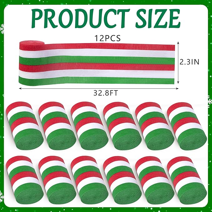 Tlswshsy 12 Rolls Christmas Crepe Paper Streamers, 393 ft Red Green White Crepe Rolls, Christmas Paper Streamer Decoration for Xmas Festivals Birthday Party Decor DIY Crafts