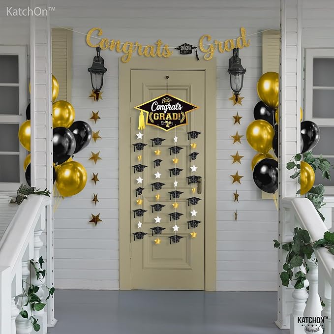 Graduation Decorations 2026, Black and Gold Graduation Cap Garland - Pack Of 2, No DIY | Congrats Grad Garlands for Graduation Cap Decoration | Graduation Party Decorations 2026, KatchOn