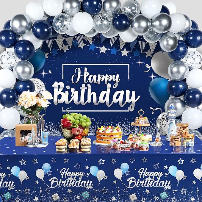Moukeren Navy Blue Birthday Party Decorations Confetti Balloons Kit Happy Birthday Photography Backdrop Banner Tablecloths for Boys Girls Men Women Party Supplies Decor(Navy Blue and Silver)