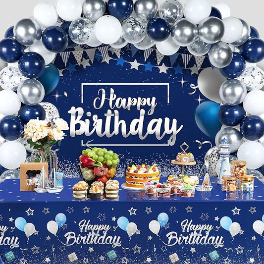Moukeren Navy Blue Birthday Party Decorations Confetti Balloons Kit Happy Birthday Photography Backdrop Banner Tablecloths for Boys Girls Men Women Party Supplies Decor(Navy Blue and Silver)