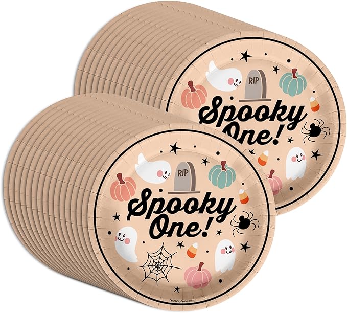 Spooky One First Birthday - 32 Piece Disposable Party Supplies - Decorations for Halloween 1st Birthday Round Party Plates - Large 9" Paper Plates In Bulk