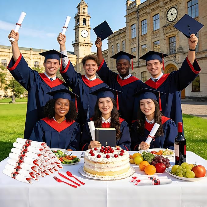 30 Pack Pre Rolled Red Plastic Silverware Set,Wrapped Plastic Cutlery Set with Napkin Include 30 Forks,30 Spoons,30 Knives and 30 White Napkins for Graduation Party