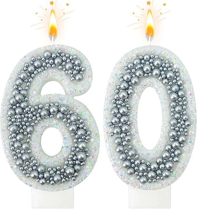 60 Birthday Number Candle for Cake, Glitter Number Candle with Silver Beads, Decorative Cake Topper for Milestone Celebrations