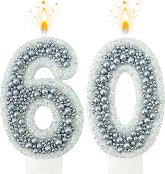 60 Birthday Number Candle for Cake, Glitter Number Candle with Silver Beads, Decorative Cake Topper for Milestone Celebrations