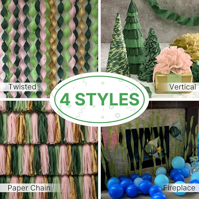 PartyWoo Olive Green Crepe Paper Streamers 8pcs 656 ft Pack of Dusty Sage Green Crepe Paper Sheets for Birthday Baby Shower Graduation Woodland Dinosaur Jungle Football Theme Party Decorations