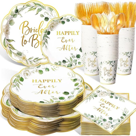 Pickmesh 400 Pcs Sage Green Bridal Shower Party Supplies Eucalyptus Leaves Bride to Be Happy Ever After Disposable Paper Plates Napkins Cups Cutlery Set for Wedding Bachelorette Party Decorations