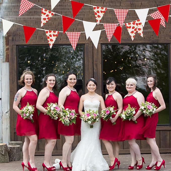 Zwiebeco 39Ft Red White Strawberry Fabric Bunting Banner Triangle Flags Party Decorations Hanging Cotton Garland Pennant for Engagement Wedding Baby Shower Birthday Home Outdoor Garden Party Decor