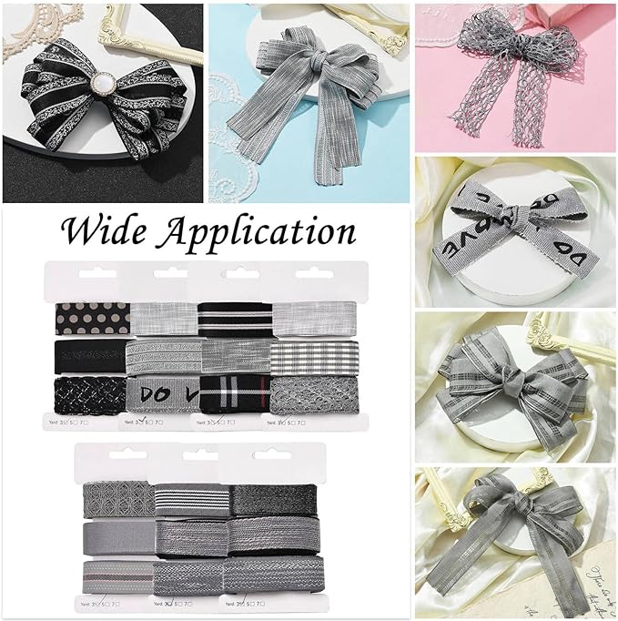 BEEFLYING 3 Styles Black Wire Edged Ribbons for Gift Wrapping, 25~28mm×2.7m Satin Ribbons Stripe Ribbons for Wedding Party Decoration Hair Bows Flower Designs Sewing and Craft, 9 Yards