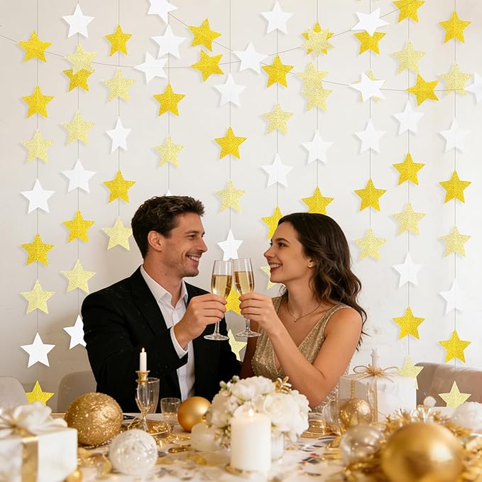 Glitter Gold, Light Gold & White Iridescent Star Garland 90FT, 240pcs Hanging Glitter Star Banner Backdrop for Birthday, Baby Shower, Wedding & Christmas Party Decorations (6 Packs)