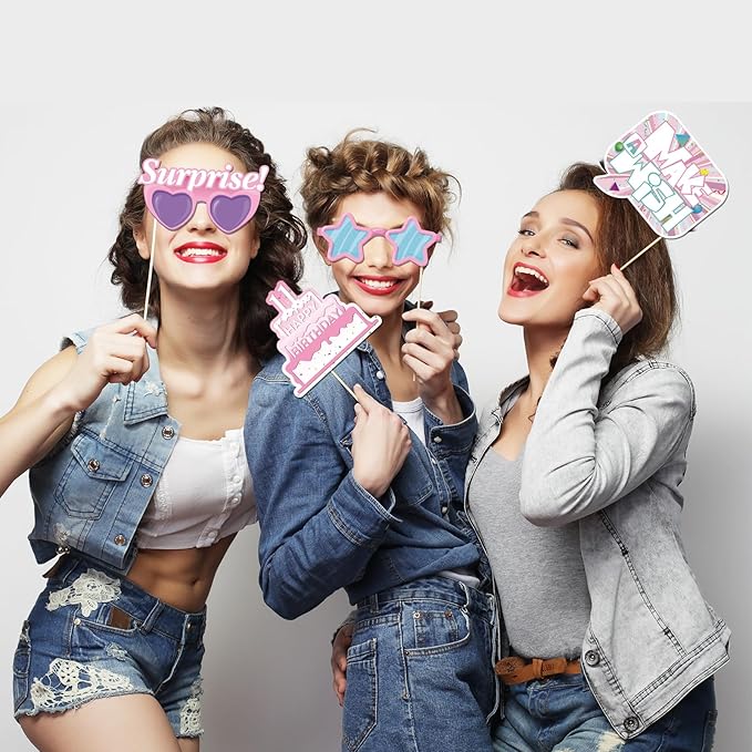 20 Pcs Girl 11th Birthday Photo Booth Props Kit, Pink Eleven Birthday Party Selfie Decorations, Girl Kid's 11th Bday Party Photography Supplies