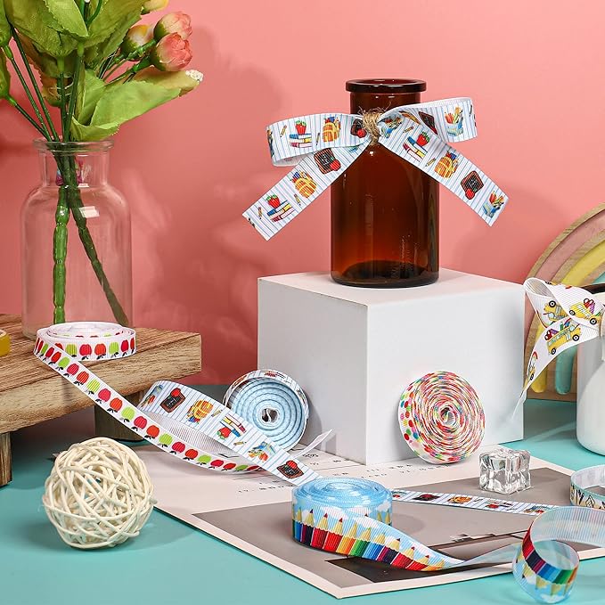 School Theme Ribbon Teacher Grosgrain Ribbons Decorative School Craft Ribbon for Back to School DIY Crafts Teacher Appreciation Gifts Wrapping 3/8, 4/5 Inch, 10 Rolls 50 Yards in Total
