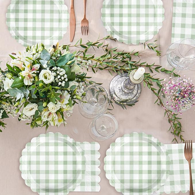 Oigco 50 Pcs Sage Green Gingham Party Supplies, Sage Green Disposable Scalloped Plates and Napkins for Wedding Bridal Shower Birthday Baby Shower, Serves 25