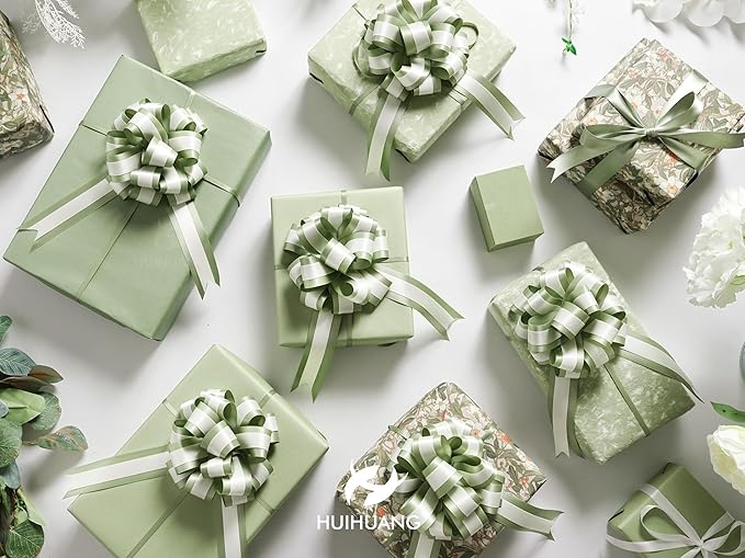 HUIHUANG Sage Green Pull Bows for Gift Wrapping 12 PCS Sage and Ivory Double Layer Satin Pull Bows 6" x 10" Gift Bow for Presents, Gift Basket, Birthday Baby Shower Wedding Party Decor