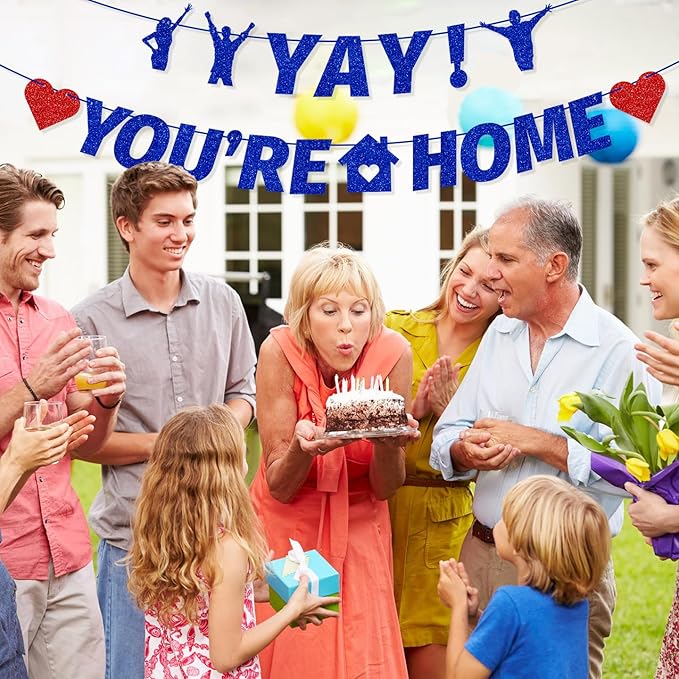 Pre-Strung Yay! You’re Home Banner, NO DIY Glitter Welcome Home Decorations for Military Army Returning Homecoming Party, Blue