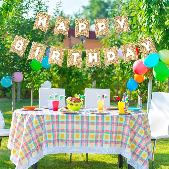 Hooqict Gold Happy Birthday Banner Sign for Backdrop Gold Happy Birthday Decorations for Women Men Kids 1st 2nd 3rd Party Supplies Wall Door Banner Garland Bunting Flag