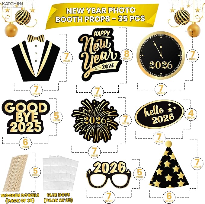 KatchOn, New Years Photo Booth Props 2026 - Pack of 35 | New Years Eve Photo Booth Props for Happy New Years Decorations 2026 | New Years Eve Party Supplies | NYE Decorations 2026