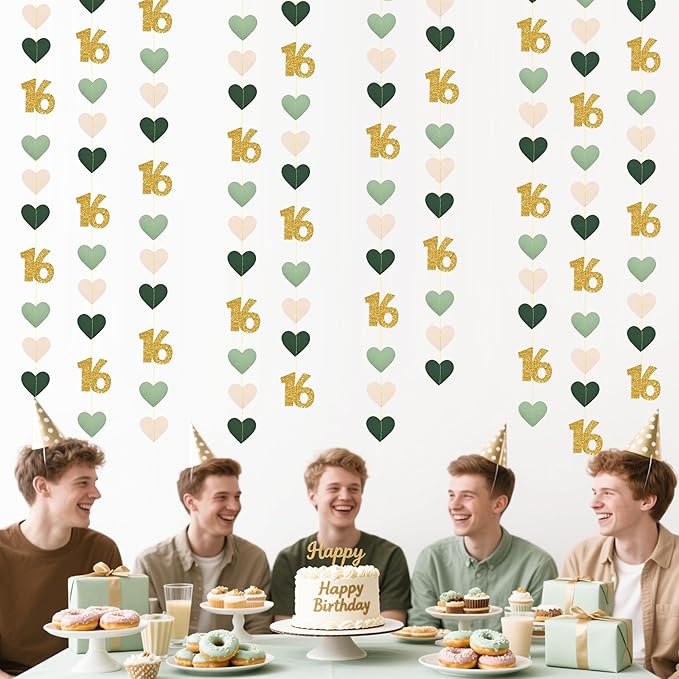 Sage Green Gold 16th Birthday Decorations Sage Green Gold Heart Garland Streamer Banner Backdrop for Girls Happy 16th Birthday Sweet 16 Decorations Cheers to 16 Years Old Anniversary Party Supplies