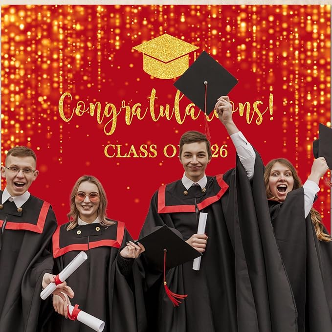 Mocsicka Class of 2026 Backdrop Red Gold Glitter Bokeh Graduation Party Background 2026 Congrats Grad Prom Party Cake Table Decoration Photo Booth Props (7x5ft)
