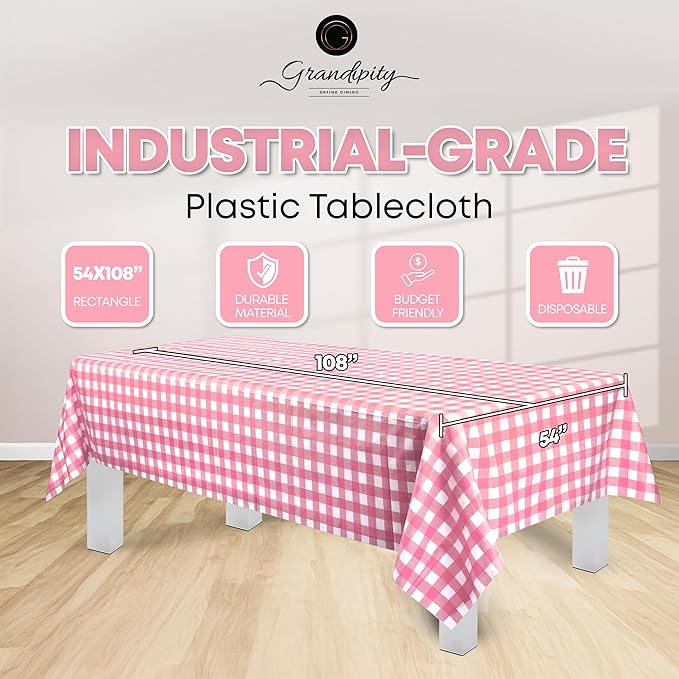 Grandipity Pink Gingham Checkered Plastic Table Cloth Disposable (6 Pk) 54in x 108in Plastic Tablecloths for Rectangle Tables - Premium Party Table Cloths Disposable for 6ft to 8ft Rectangle Tables
