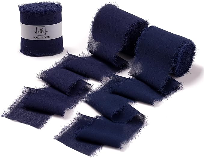 DORIS HOME Dark Navy Chiffon Ribbon for Flower Bouquet, 2" x21Yd Fabric Ribbon for Gift Wrapping, Handmade Frayed Ribbon for Wedding/Christmas Decorations