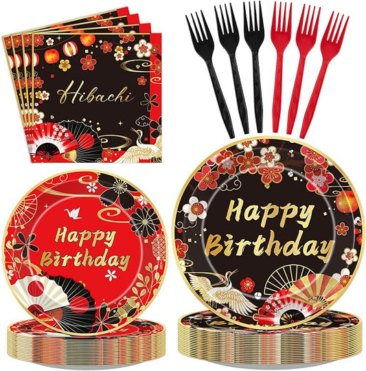 Hibachi Birthday Party Decorations - 96 Pcs Red Black Disposable Paper Dessert Plates Napkins Forks Tableware Set Oriental Crane Plum Folding Fans Japanese Supplies Favors Serves 24 Guests
