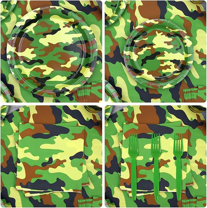 Camo Party Supplies - Army Party Tableware - Dinner Plates, Dessert Plates, Napkins, Forks for Boy Camouflages Hunting Military Party Supplies, Serves 25