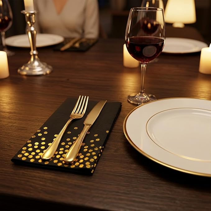 80Pcs Black and Gold Paper Napkins Disposable, Cocktail Napkins for Party Supplies, Gold Polka Dot Dinner Beverage Napkins Bulk, Men Women Birthday Anniversary Decorations