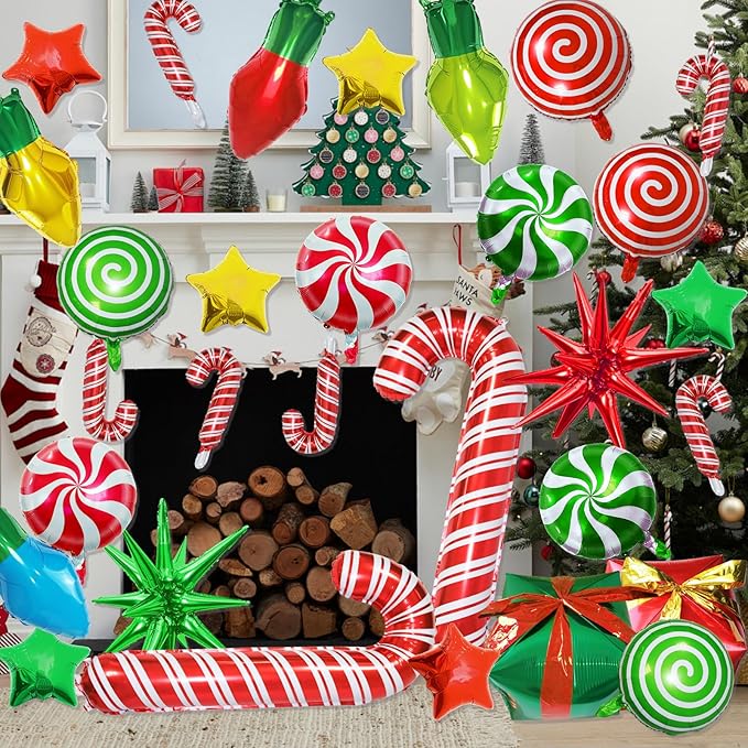35Pcs Christmas Foil Balloons Set, Xmas Swirl Candy Cane Light Star Mylar Big Gift Boxes Balloons for Christmas New Year Xmas Party Decorations