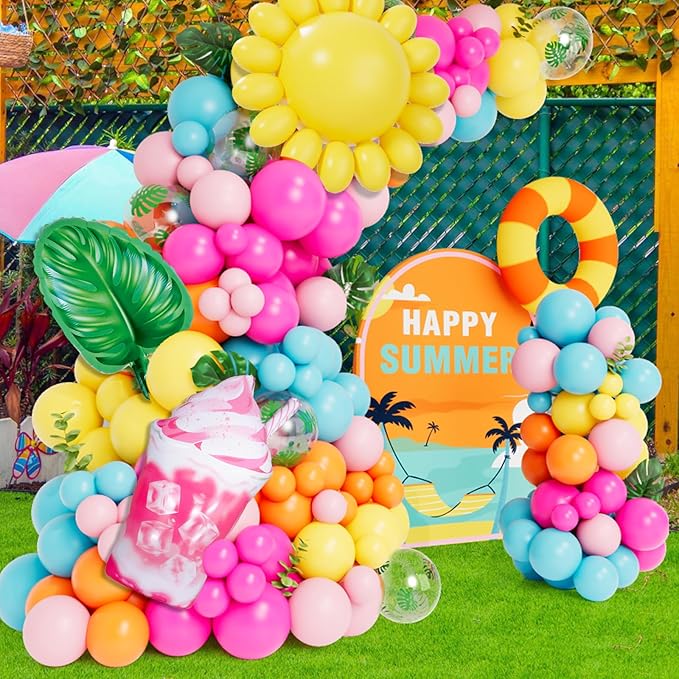 DBKL Tropical Balloon Arch Garland Kit, Luau Hawaiian Party Decorations, Rose Orange Yellow Blue Green Palm Leaves Balloons for Tropical Hawaiian Summer Birthday Pool Party Supplies
