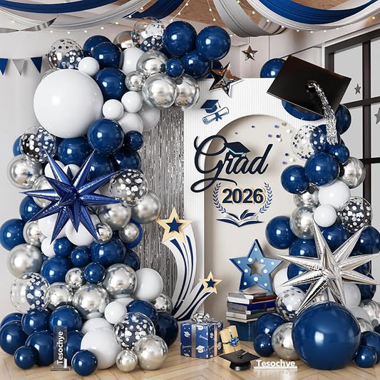 Tesochye 152 pcs Blue White Silver Balloon Garland Arch Kit,Navy Blue Silver Confetti Balloons with Exploding Star Balloons for Graduation Class of 2026 Birthday Wedding Retirement Party Decorations