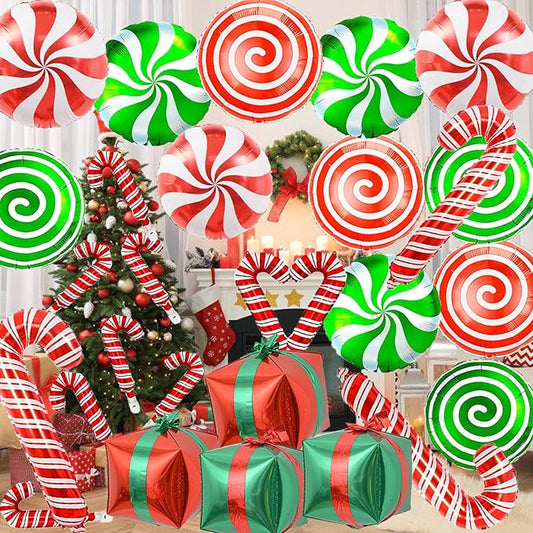 32Pcs Christmas Balloons, christmas Candy Cane Gift Box Foil Balloons, Red Green Mylar Balloon Kit for Birthday New Year Xmas Christmas Party Decorations Candy Themed Party Decorations