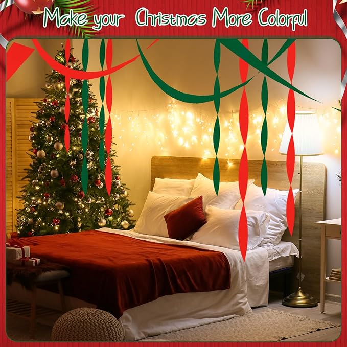 Sherr 24 Rolls Crepe Paper Streamers Hanging Party Decoration Holiday Streamers for Arty Decorations, Birthday Decorations, Wedding Decorations (Red, Green,1.8 Inch x 98 Feet)