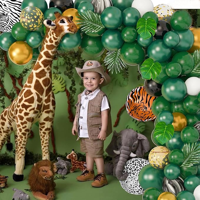 Amandir 152Pcs Jungle Safari Balloon Garland Arch Kit, Gold Dark Green Animal Balloons Artificial Tropical Palm Leaves Decorations Boy Girl Wild One Birthday Party Supplies