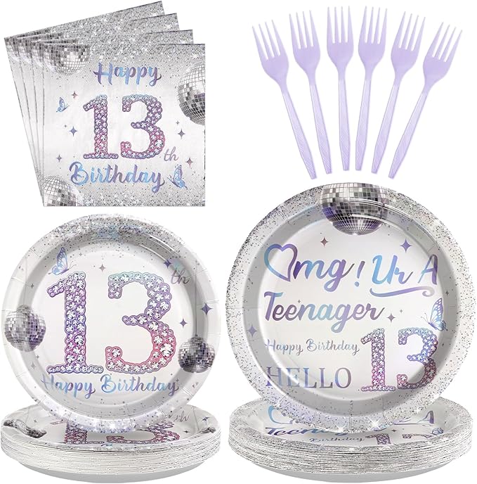 Grencian 96Pcs 13th Birthday Decorations for Girls Silver Disco Iridescent 13th Birthday Plates and Napkins Disposable Paper Tableware for Girls 13 Year Old Party Supplies, Serves 24