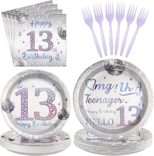 Grencian 96Pcs 13th Birthday Decorations for Girls Silver Disco Iridescent 13th Birthday Plates and Napkins Disposable Paper Tableware for Girls 13 Year Old Party Supplies, Serves 24