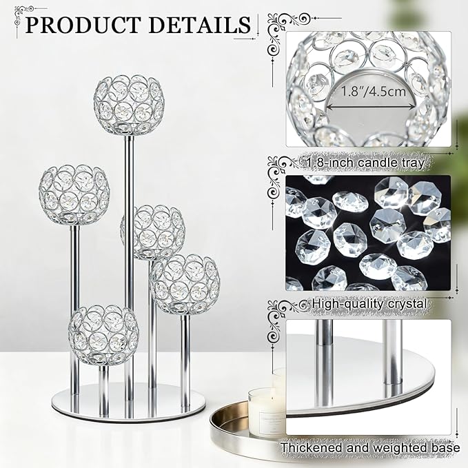 5-Arm Crystal Tealight Candelabra Centerpiece, 14.8 Inch Metal Candle Holder for Table Decor, Wedding, Christmas, Party, Anniversary & Home Decoration (2, Silver, S-14.8 in)
