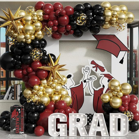 139Pcs Burgundy and Gold Balloon Arch Garland Kit for Graduation Party Decorations,Maroon Black Metallic Gold Confetti Balloons for Class of 2026 Congrats Grad Celebrations Birthday Supplies