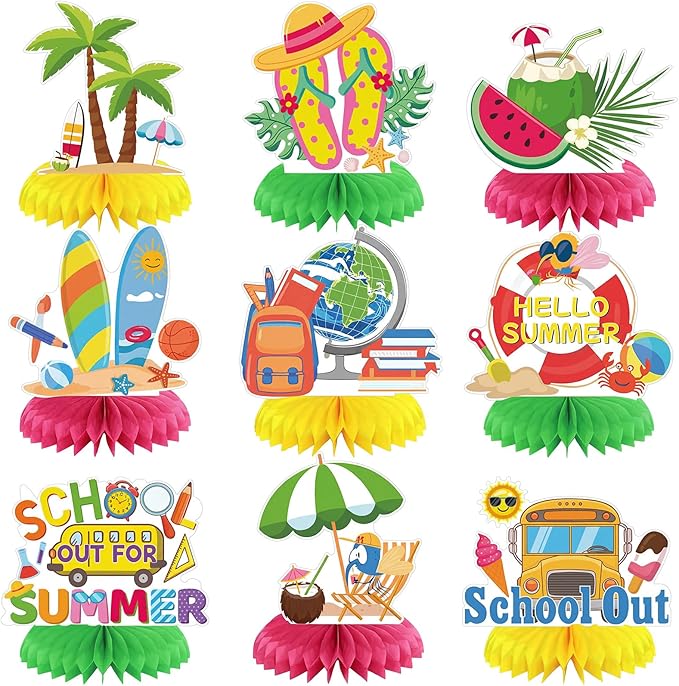 9 Pcs School Out for Summer Honeycomb Centerpieces Hello Summer Table Decorations Beach Palm Tree Surfboard School Bus Hawaiian Luau Party Supplies for Schools Classroom Summers Vacation Decor