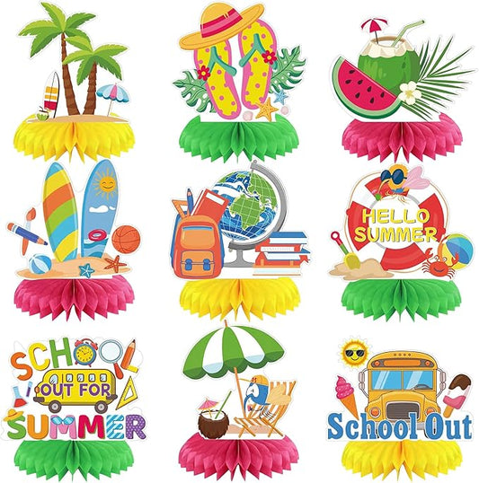 9 Pcs School Out for Summer Honeycomb Centerpieces Hello Summer Table Decorations Beach Palm Tree Surfboard School Bus Hawaiian Luau Party Supplies for Schools Classroom Summers Vacation Decor