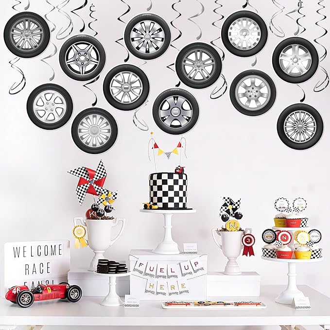 Race Car Party Decorations - 30Pcs Racing Car Wheel Hanging Swirls Wheel Tire Ceiling Hanging Streamers for Race Theme Birthday Party Supplies