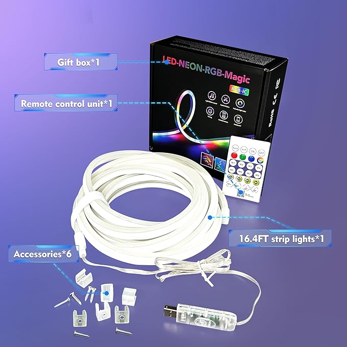 16.4ft Neon Rope Lights,Flexible Led Rope Lights Control with App/LED Strip Lights - Waterproof, Bendable, Indoor/Outdoor Use for Parties, Home Decor (5M/16.4FT)