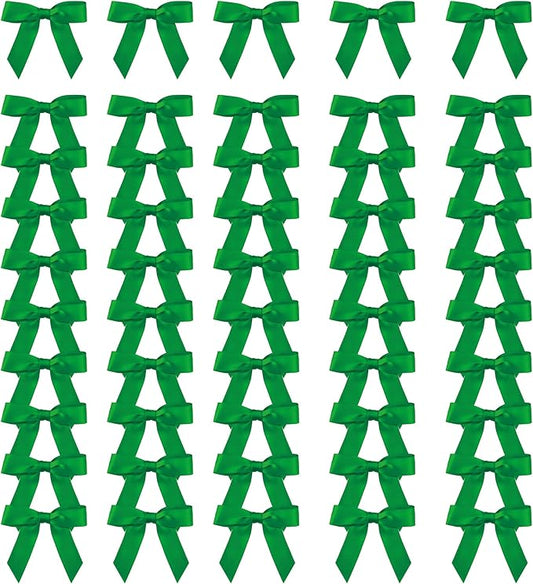 Meseey 100 Pcs 1.5 Inches Premade Craft Bows Self Adhesive Emerald Green Satin Ribbon Bows for Treat Bags Gift Wrapping Basket Wedding Baby Shower Brithday Party (Emerald Green)