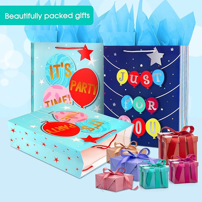 Gift Bags Large Gift Bag Set-Birthday Gift Bag for Boy Teen Kids Men Him-Blue Gift Bags with Tissue Paper-Paper Gift Bags with Handles-Big Gift Bags Birthday Gift Wrap Bag,Party Gift Bags Present Bags（2Pack,12.5Inch）